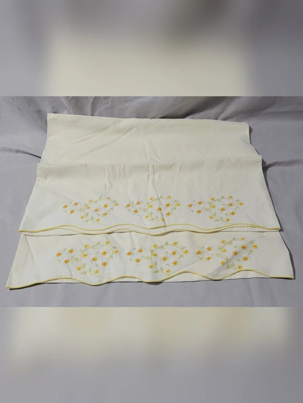 Set Of 2 Standard Vintage Yellow Floral Embroidered Pillowcases